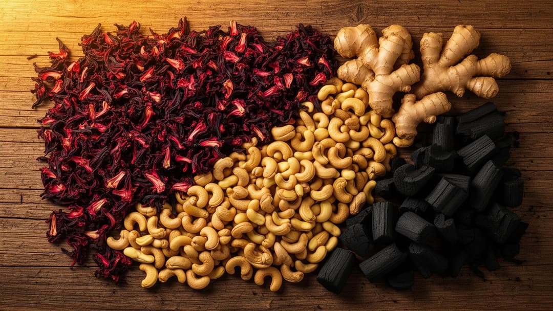Assorted Nigerian exports: Dried hibiscus, ginger, cashew nuts, and charcoal on a wooden display